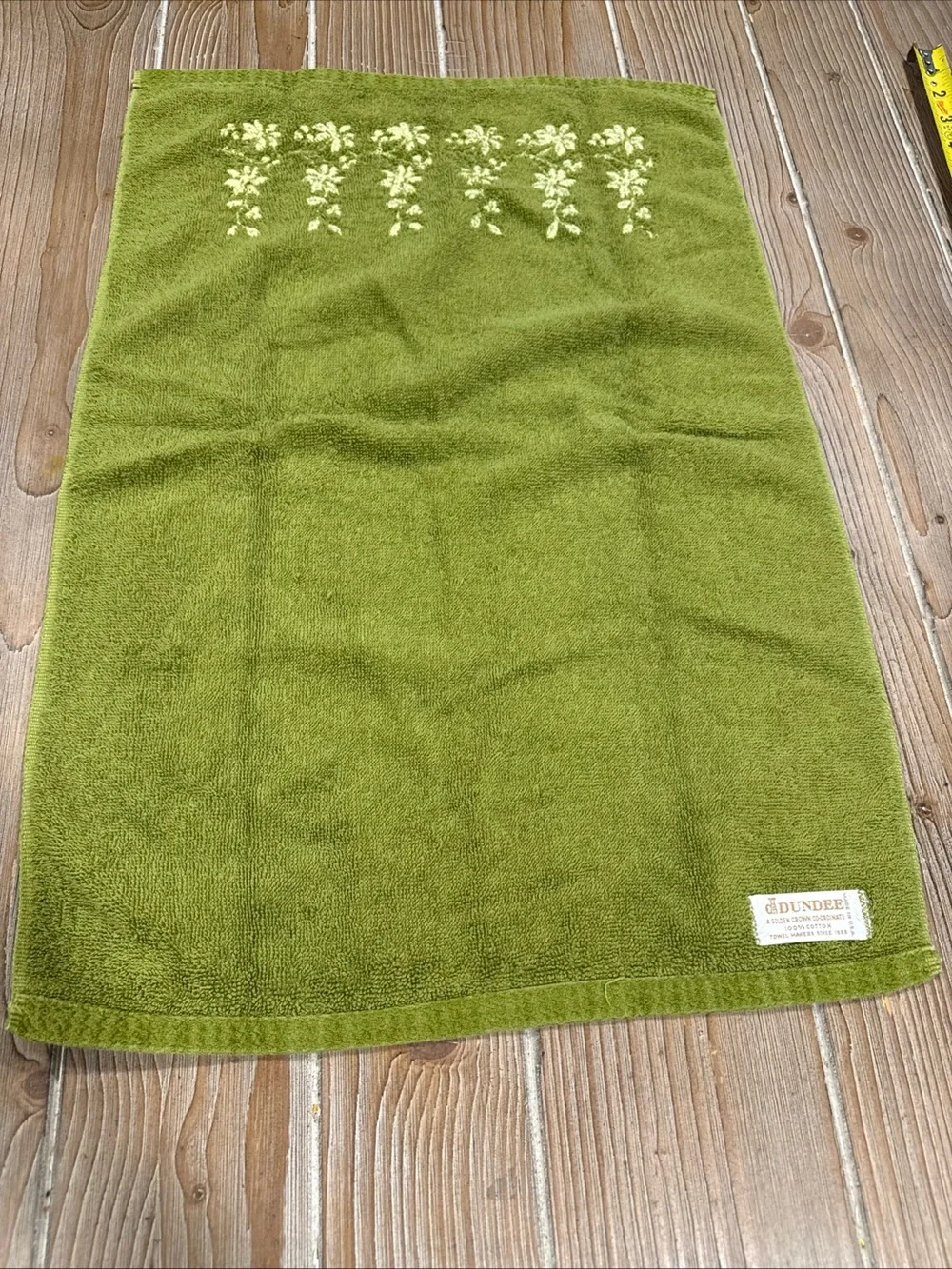 MCM Dundee Golden Crown Towel Set 3pc Avocado Green Floral Vine Retro Cotton USA
